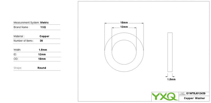 YXQ 12x18x1.5mm Copper Crush Washer Flat Ring Seal Gasket Fitting M12(30Pcs)