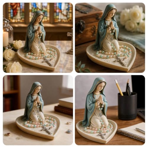 Blessed Mother Mary Statue - 5 Inches Virgin Mary Statue Elegant Home Decor, Saint Mary and Cross Necklace Chain Figurines for Office Desk, Bookshelf, Indoor Decorations Rosary-mary