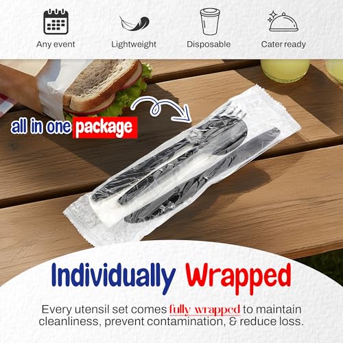 MT Products Black Individually Wrapped Plastic Cutlery Set - Disposable Heavy Weight Utensils - Pack of 50