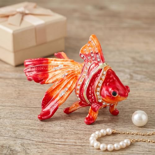 Lucky Goldfish Shape Trinket Box Hinge Hand-Painted Small Jewelry Ring Holder Boxes Enamel Animals Craft Christmas Gift for Women