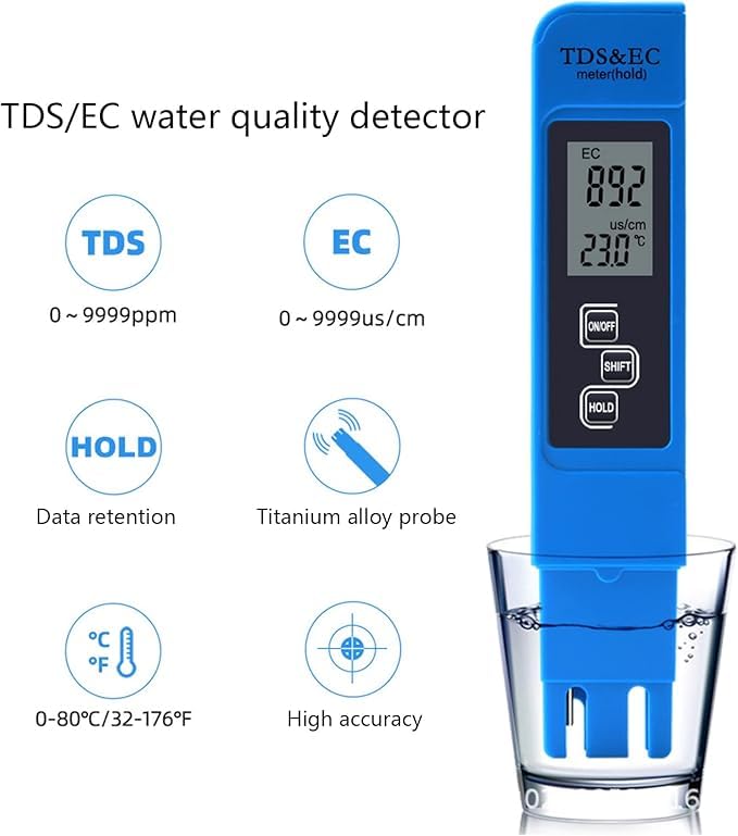 [Australia - AusPower] - 3 in 1 TDS Meter & EC Meter, Digital Water Tester, Easy to Use 0-9990 PPM Meter Kit, Compact for Drinking Water, Hydroponics, Plants, Aquarium, Pool. Not Include Battery CR2032,1Pcs 