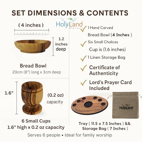 Holy Land Market Olive Wood Communion Set, Round Bowl + 6 Goblets + Tray Round Bowl + 6 Small Goblets + Tray