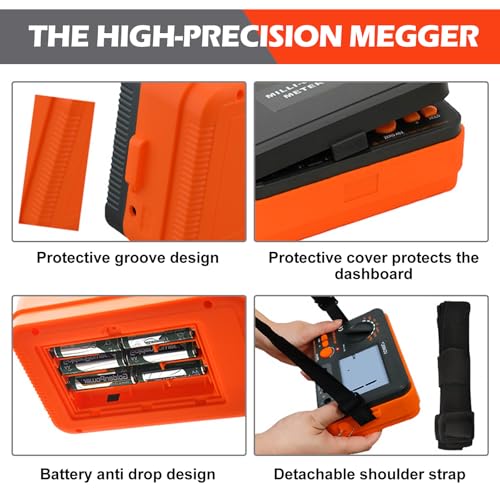 Digital Megohmmeter, Insulation Resistance Tester Insulation Resistance 0.1MΩ-2GΩ with 250V/500V/1000V Test Voltage with Backlit LCD Display, Includes Measuring Tips Crocodile Clips