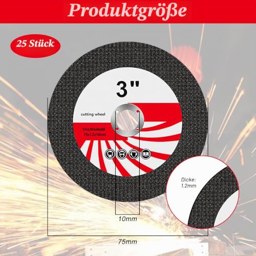 Cutting Disc 75 x 1.2 x 10 mm for Mini Angle Grinder Pack of 25 | Metal and stainless steel cutting discs, cutting discs 75 mm for cordless mini cutters, precise and fast cutting