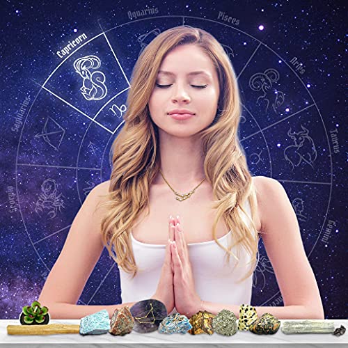 DANCING BEAR Capricorn Zodiac Healing Crystals Gift Set (14 Pc): 9 Stones, 18K Gold-plated Constellation Necklace, Meteorite, Succulent Candle, Palo Santo Smudge stick, and Info Guide, Made in the USA