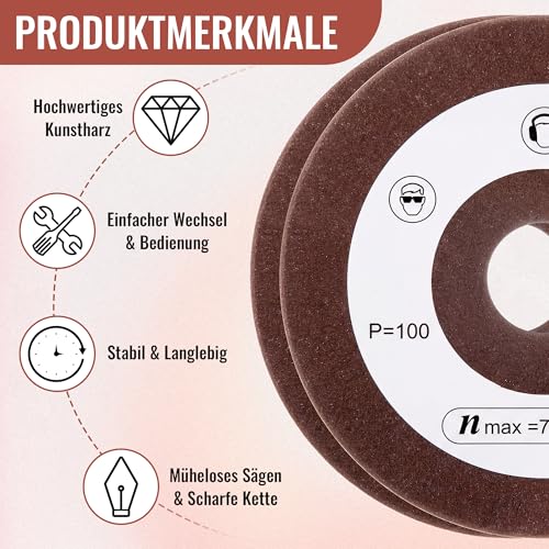 BBTO Pack of 2 Replacement Sanding Discs Compatible with Einhell | 108 mm diameter, 23 mm shank, P100 grit, saw chain sharpener grinding disc compatible with Einhell
