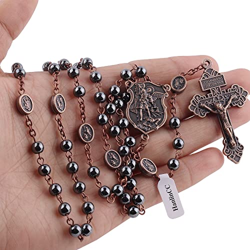 HanlinCC Catholic Rosary Necklace Saint Michael Medal Hematite Stone Beads Anti-Copper St.Michael Rosary