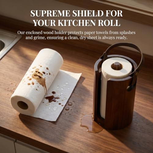 Wooden Paper Towel Holder, Wood Paper Towel Holder Countertop with Anti-Slip Base, Leather Handle and Splash Guard Plate for Kitchen and Bathroom, Living Room, RV