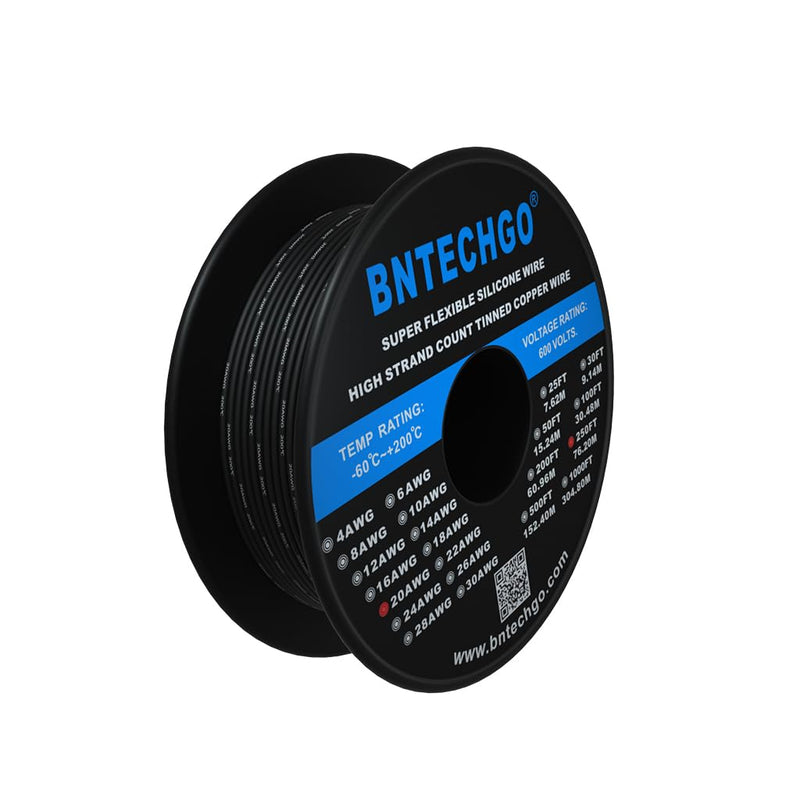 BNTECHGO 20 Gauge Silicone Wire Spool 250 ft Black Flexible 20 AWG Stranded Tinned Copper Wire silicone wire 250ft silicone wire black