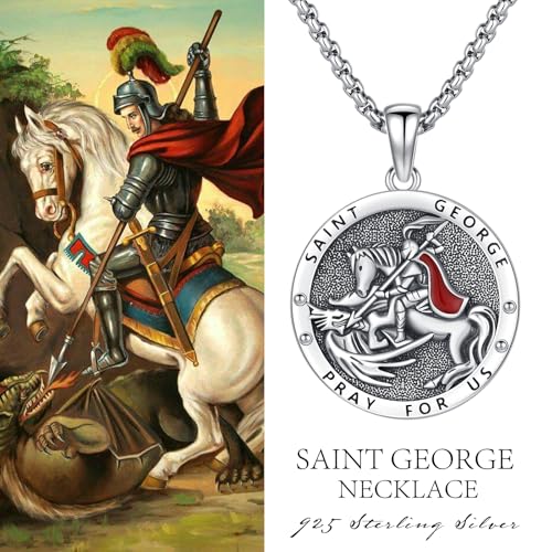 Saint George Necklace 925 Sterling Silver Saint Medal Chain Protect Us Amulet Jewelry Gift for Men Women with 2.5mm 22+2 inch Rolo Chains