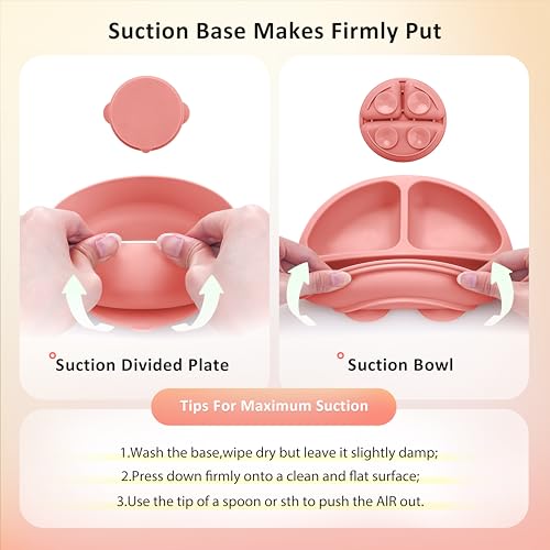 Bufims 9-piece pink silicone baby feeding set with flatware for baby led weaning, including plates, bowls, and utensils.