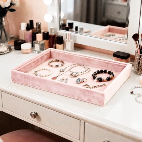 DYNWAVE Jewelry Organizer Jewelry Drawer Insert High End Velvet Jewelry Display Holder Jewelry Storage for Home Gifts for Girls Women Pink Necklace Tray
