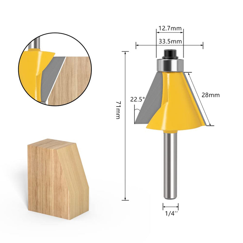 5PCS Chamfer Router Bits with 1/4" Shank Bevel Edge Forming Router bits (11.25°,15°,22.5°,30°,45°.) 1/4 inch shank, 11.25°-15°-22.5°-30°-45° degrees