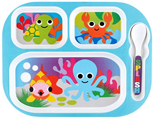 French Bull 4pc Toddler Kids Feeding Melamine Tableware Flatware BPA Free Dishwasher Safe, Durable Plate, Cup, Bowl, Divided Tray Dinnerware, 4 Piece Set, Ocean