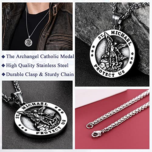 FaithHeart Saint Michael Pendant Necklace for Men, with 22"+2" Wheat Chain 01. Round Style 1-Silver Stainless Steel