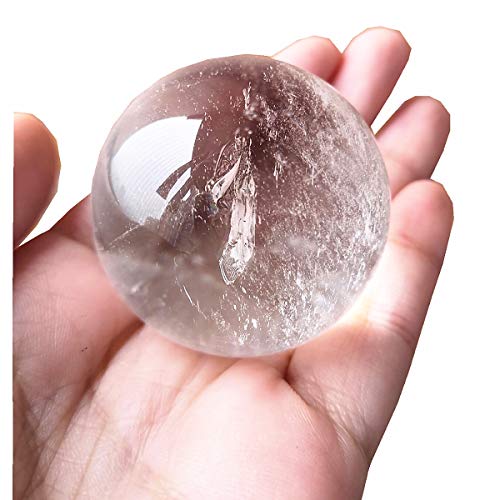 Natural Clear Quartz Healing Crystal Ball with Wood Stand, 40mm Polished Stone Sphere, Collectible Home Decor for Shelf & Desk, Crystal Gifts Rock Quartz