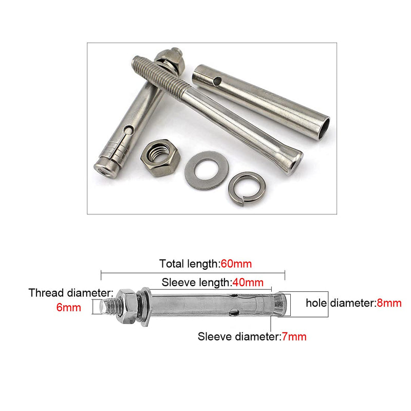 [Australia - AusPower] - Stainless Steel M6 x 60mm Hex Head Sleeve Anchor, for Pad Eye Plate Hook Hanging Hardware 1/4" x 2-3/8" Expansion Bolt (4pcs Hex Sleeve Anchor) Hex Sleeve Anchor 4pcs 