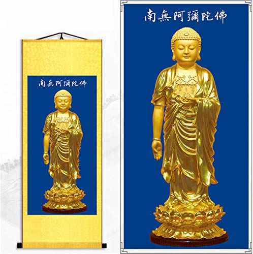 Zzooi Asian Elegant Buddhist Art Chinese Style Buddha Portrait Namo Amitabha Wall Art Hanging Silk Painting,Amituofo Chant 39"L x 17.7"W