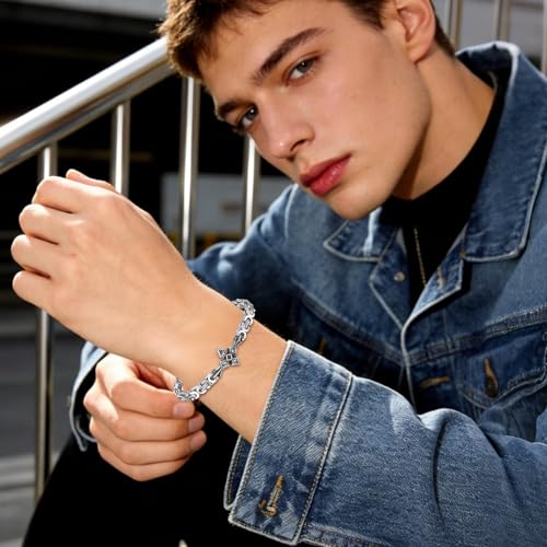 JewelryWe Cross Bracelet for Men: Stainless Steel Vintage Adjustable Byzantine Chain Bracelets Christian Faith Jewelry for Birthdays Father's Day and Special Occasions