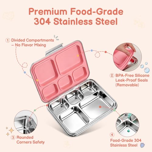Stainless Steel Bento Lunch Box： 7+Older Kids，Teens and Adults, Leak-Proof, BPA-Free, 5 Compartments, Eco-Friendly, Durable Lunch Box for School, Office, Fitness, Travel, and Meal Prep–（Pink) Pink