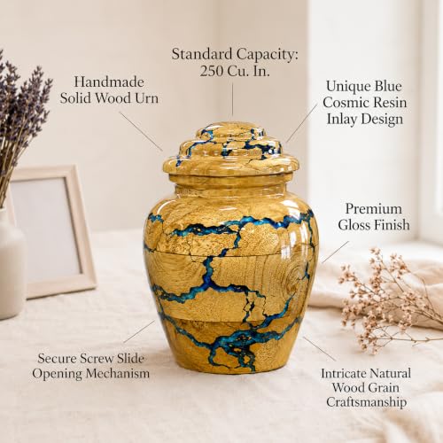 Handcrafted Cherry Wood Cremation Keepsake Urn with Blue Epoxy Inlay – Solid Hardwood Mini Urn for Human or Pet Ashes – Elegant Funeral Memorial (Small, 15 Cubic Inches) Small – 2.5" Dia × 5" H – 15 Cubic Inches