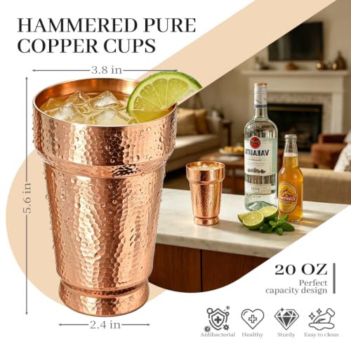 20 oz Pure Copper Cup for Drinking, Thick 2mm Solid Copper Mug, Hand-Hammered Tall Tumbler for Ayurvedic Water & Moscow Mule, Cold-Retentive Copper Glass for Cocktails, Bar & Gift