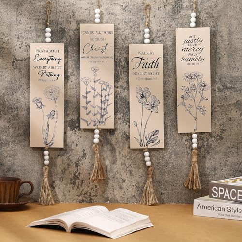 Gerrii 4 Pcs Bible Verses Wall Art Christian Wall Art Boho Hanging Signs Minimalist