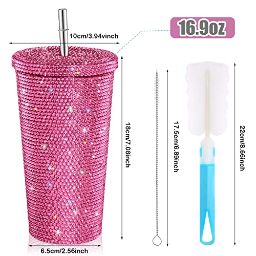 Mimorou Studded Bling Diamond Tumbler Glitter Water Bottle with Lid Stainless Steel Vacuum Thermal Straw Rhinestone Tumbler with 1 Pcs Cup Brush 6 Pcs Straw Brushes for Women(16.9 oz,Pink) Pink 16.9 Ounces
