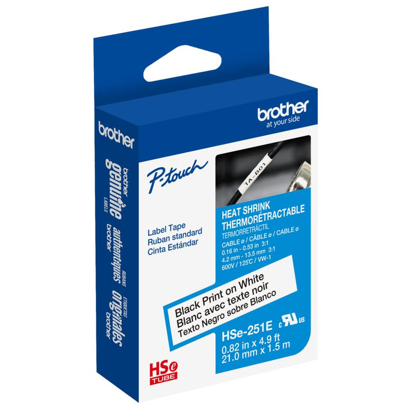 Brother HSe251E ~4/5in (21mm) Black on White Heat Shrink Tube, 3:1 Electrical Shrink Wrap Labeling Tape for AWG 0-10, 4.9 ft (1.5m) Cassette for P-Touch Industrial Heat Shrink Label Printers New Packaging