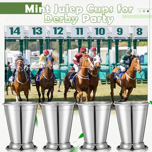 4 Set Mint Julep Cup Set 12oz Silver Stainless Steel Cups with Straws Muddler Jigger and Mixing Spoon, Derby Cocktail Bar Kit Gift for Party Bar Home
