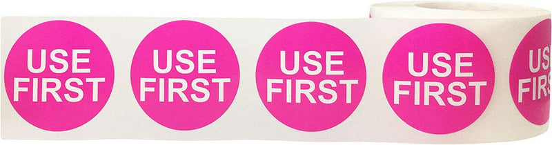 Hot Pink Circle with White Use First Stickers 1.5 Inch Round Labels for Inventory Rotation FIFO Food Storage Organization Shelves and Warehouse 500 Adhesive Labels Per Roll Made in the USA