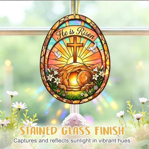 Easter Egg Ornament for Tree Decorations - He is Risen Cross Easter Decor - Religious Gifts for Women Men Kids, Catholic Gifts, Stained Glass Egg Ornament and Easter Basket Stuffers 6499