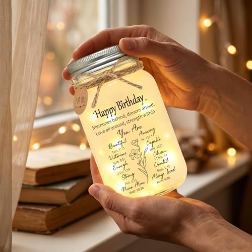 Christian Birthday Gifts for Women, Inspirational Mason Jar Night Light Happy Birthday