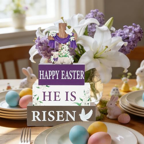 4 Pcs He Is Risen Wooden Table Sign Christian Table Centerpiece Religious Cross Easter Tiered Tray Decor Rustic Farmhouse Wooden Stack Block Signs for Home Kitchen Shelf