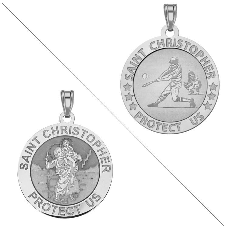 PicturesOnGold.com Baseball - Saint Christopher Doubledside Sports Religious Medal in Solid 14K Yellow or White Gold, or in Silver 3/4 x 3/4 Inch