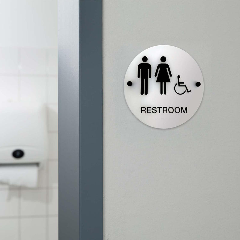Frosted Designer ADA Unisex Restroom Sign / 9" Round Gender Neutral Bathroom Sign With Braille And Handicap Symbol/Chic Translucent Sign With Stand Off Mounts/Made In The USA Frosted 9” Sign
