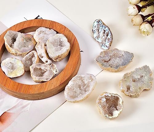 JIC Gem 0.88 Lbs Angel Aura Quartz Crystals Geode Druzy Cluster Titanium Coated Natural Irregular Rock Gemstone Specimen 1.2-2.5" Ab Color(0.88 Lbs)