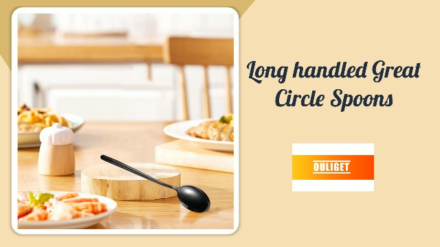 Ouliget Steel Black Soup Spoon, Long handled Great Circle Spoons,Korean Long Handle Soup Spoon,8 Pieces,8.7x1.6 Inches.