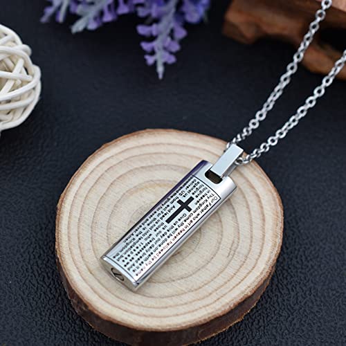 Our Father Lord's Prayer and Cross Urn Pendant Necklace Cremation Urn Necklace Cremation Jewelry Stainless Steel Rectangle Cremation Pendant Memorial Ashes Keepsake Urn Necklace Silver