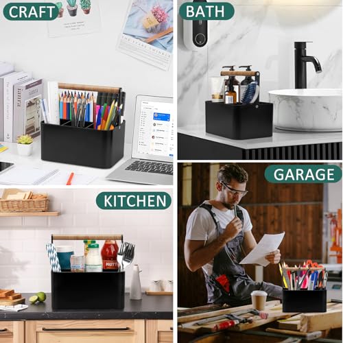BYUNER Portable Shower Caddy Dorm: Bathroom Caddy Organizer with Handle and Adjustable Dividers,Plastic Shower Basket for Toiletry,Makeup,Vanity,Shower Storage Tote for College, Cleaning Caddy, Black Black / Wood Handle