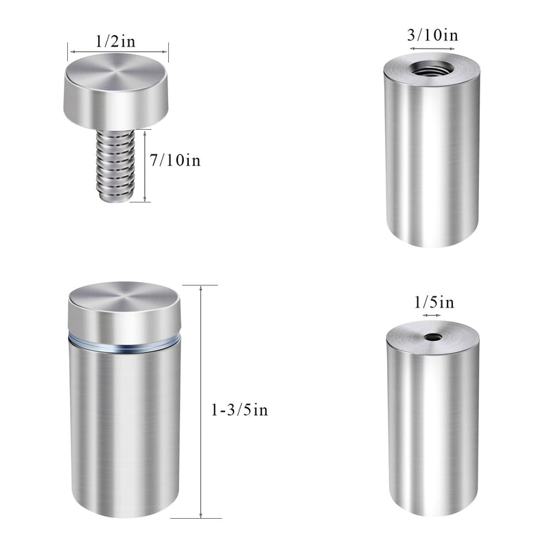 [Australia - AusPower] - Osring 1/2” Dia x 1 3/5” L Standoffs Screws for Acrylic, Silver Sign Standoff Wall Mounts Hardware 16 Pack, Stainless Steel Advertising Nails Holder for Glass Board and Signage 1/2" x 1-3/5" 