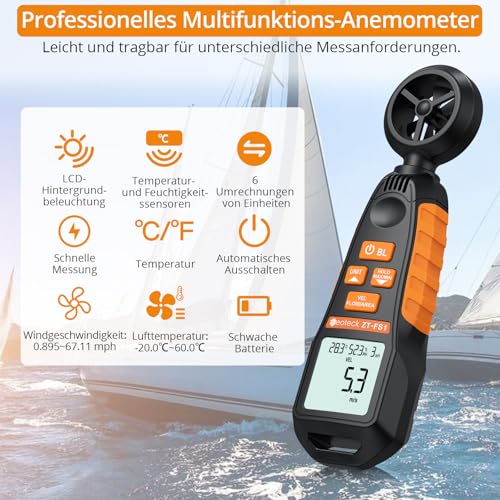 Neoteck Digital Anemometer Handheld with LCD Display Measuring Humidity, Temperature, Speed Meter Portable CFM Wind Gauge for Shooting, Boating, Kite Climbing, Mountaineering