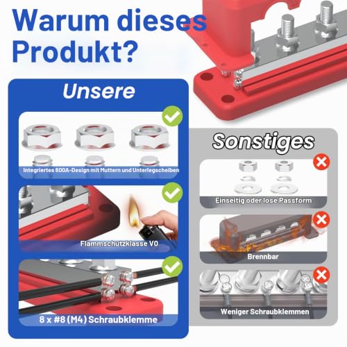 Bus Bar 600A 12V Power Distribution Block with 3/8 Inch (M10) 4-Post Terminal Block with Cover for Automotive, Marine, Battery System (Red) 600A-3/8'' (M10) red