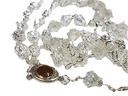 Unique Large Glass Crystal Beads Rosary with Holy Soil Silver Crucifix (Clear) Clear