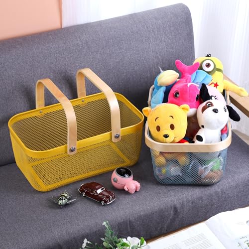 IBWell Square Metal Wire Woven Fruit Storage Bowl Basket with Wooden Handle, Large Black Mesh Fruit Stand, Multi-function Hanging Kitchen Baskets (White, Extended 4PCS) White Extende 4PCS