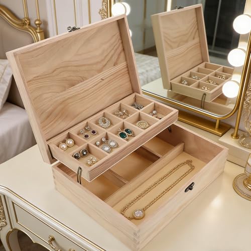 Unfinished Jewelry Box DIY Wooden Trinket Wood Storage Box Keepsake Jewelry with Locking Clasps for Rings Earrings Necklaces