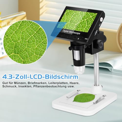 WADEO 4.3 Inch LCD Digital Microscope 1000x Including 32GB Card, Portable Microscope USB Digital Microscope with 8 Adjustable LEDs and Metal Stand, MacOS Windows Compatible 4.3 inches