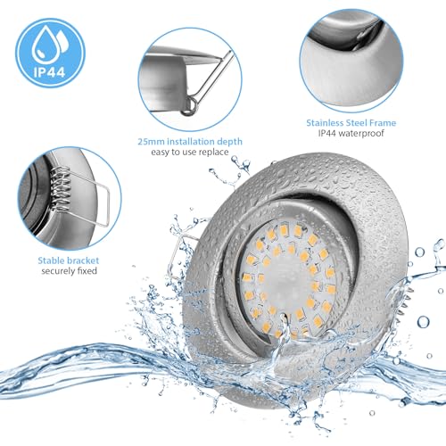 LED Recessed Spotlight, 230 V, Flat, Dimmable LED Spotlights, 6 W, IP44, Bathroom Recessed Lights, Ceiling Spotlights, Warm White, 3000 K, Swivelling Recessed Spotlights for Bathroom, Kitchen, Living Nickel-warm White 3000 K Set of 6
