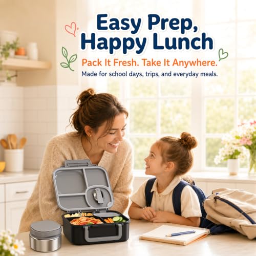 Bento Box for Kids,Leak-Proof Lunch Container with 9oz Insulated Food Jar Black Gray