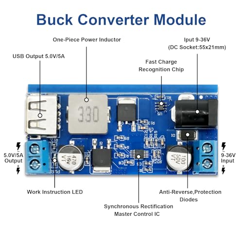 DC-DC Buck Converter 24V/12V to 5V 5A, QIQIAZI Step Down Converter, Power Supply Step Down Module, Step-Down Converter, Adjustable Power Supply, Down Module with USB Port (Pack of 5)